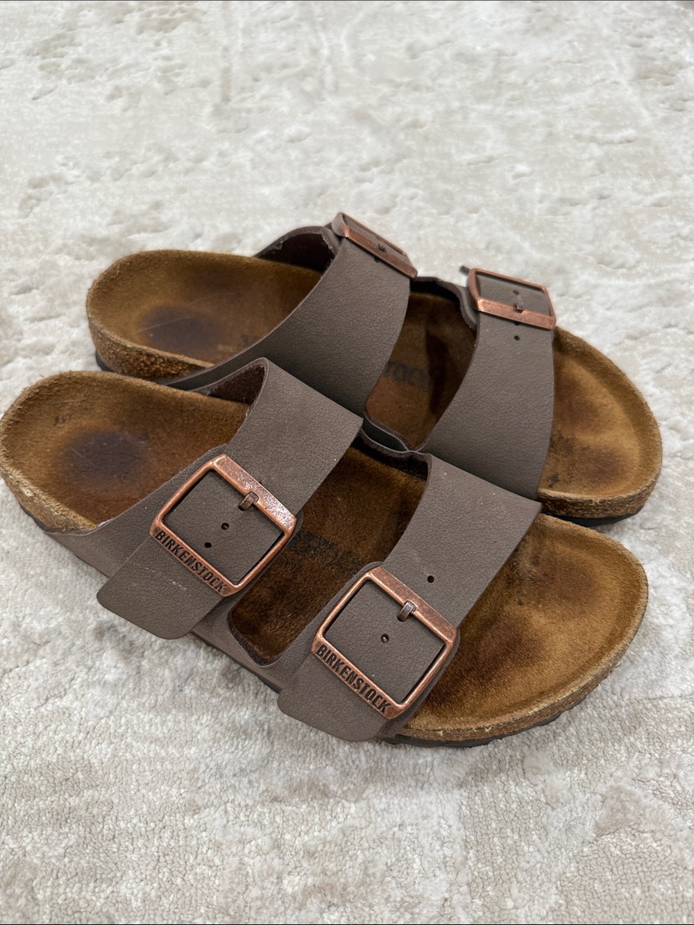 Birkenstock Two-Strap Sandal — Brown with Copper Buckles